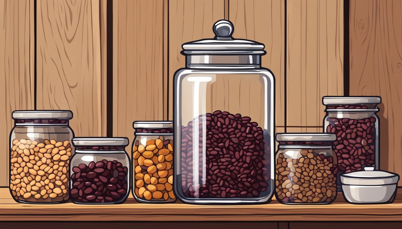 A clear glass jar filled with adzuki beans sits on a wooden shelf, surrounded by other pantry items. The beans are a deep red color and appear dry and intact