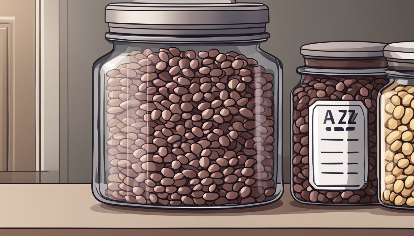 A glass jar filled with adzuki beans, sealed with a lid, placed on a shelf in a pantry