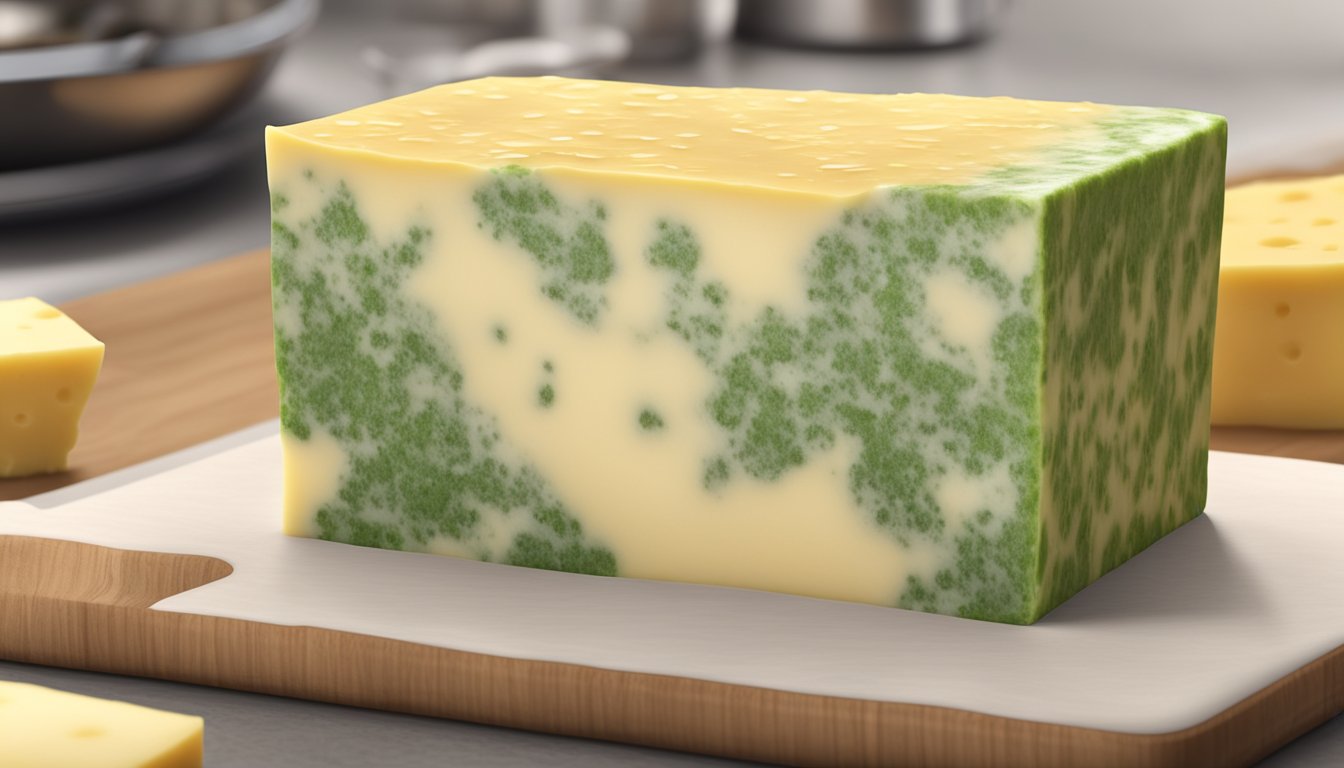 A block of American cheese sits on a kitchen counter, slowly developing green and white mold spots