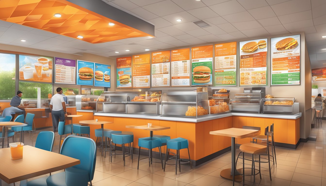 A colorful menu board displays Whataburger's offerings and prices in a busy, well-lit dining area