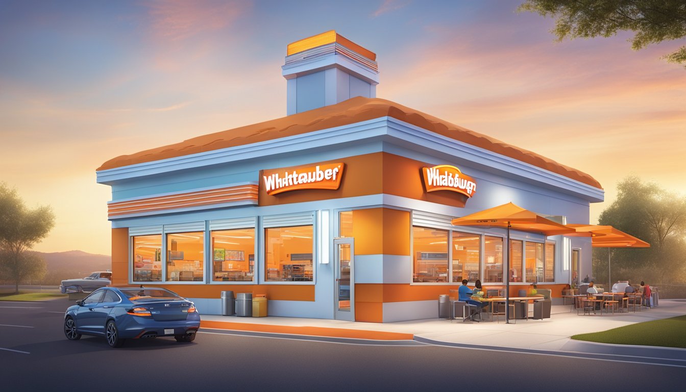 A bustling Whataburger store with a colorful exterior, drive-thru lanes, outdoor seating, and a prominent logo sign