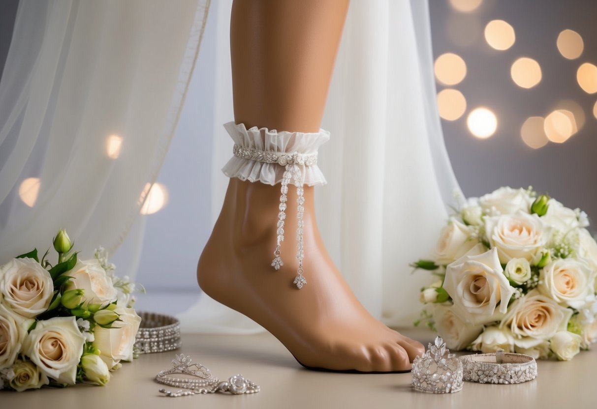 A garter hanging on a mannequin's left leg, surrounded by elegant bridal fashion designs and accessories