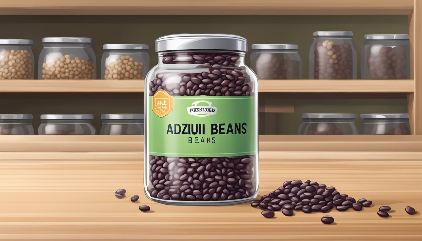 A clear glass jar filled with adzuki beans, sealed with a metal lid, sitting on a kitchen shelf