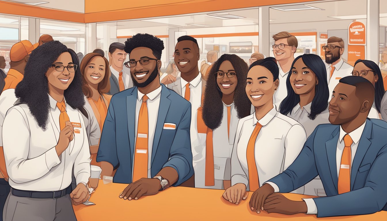 A group of diverse employees sharing their success stories at a Whataburger career fair