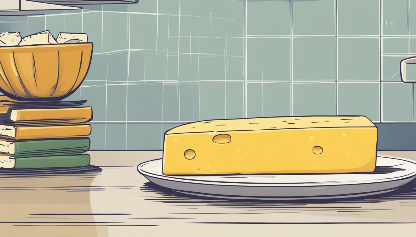 A block of American cheese sits on a kitchen counter, with a calendar in the background showing the current date