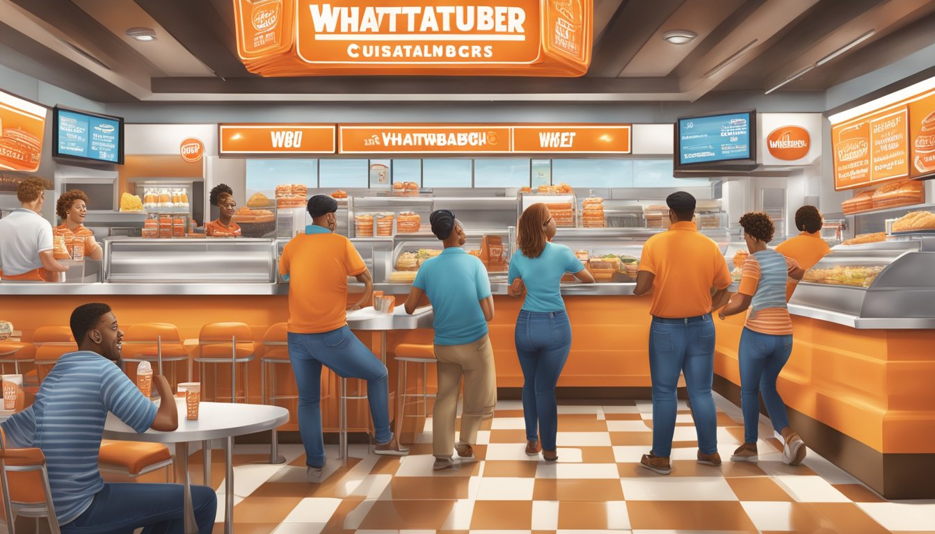 A bustling Whataburger store with bright signage, crowded with customers and staff, and promotional banners displayed throughout the restaurant