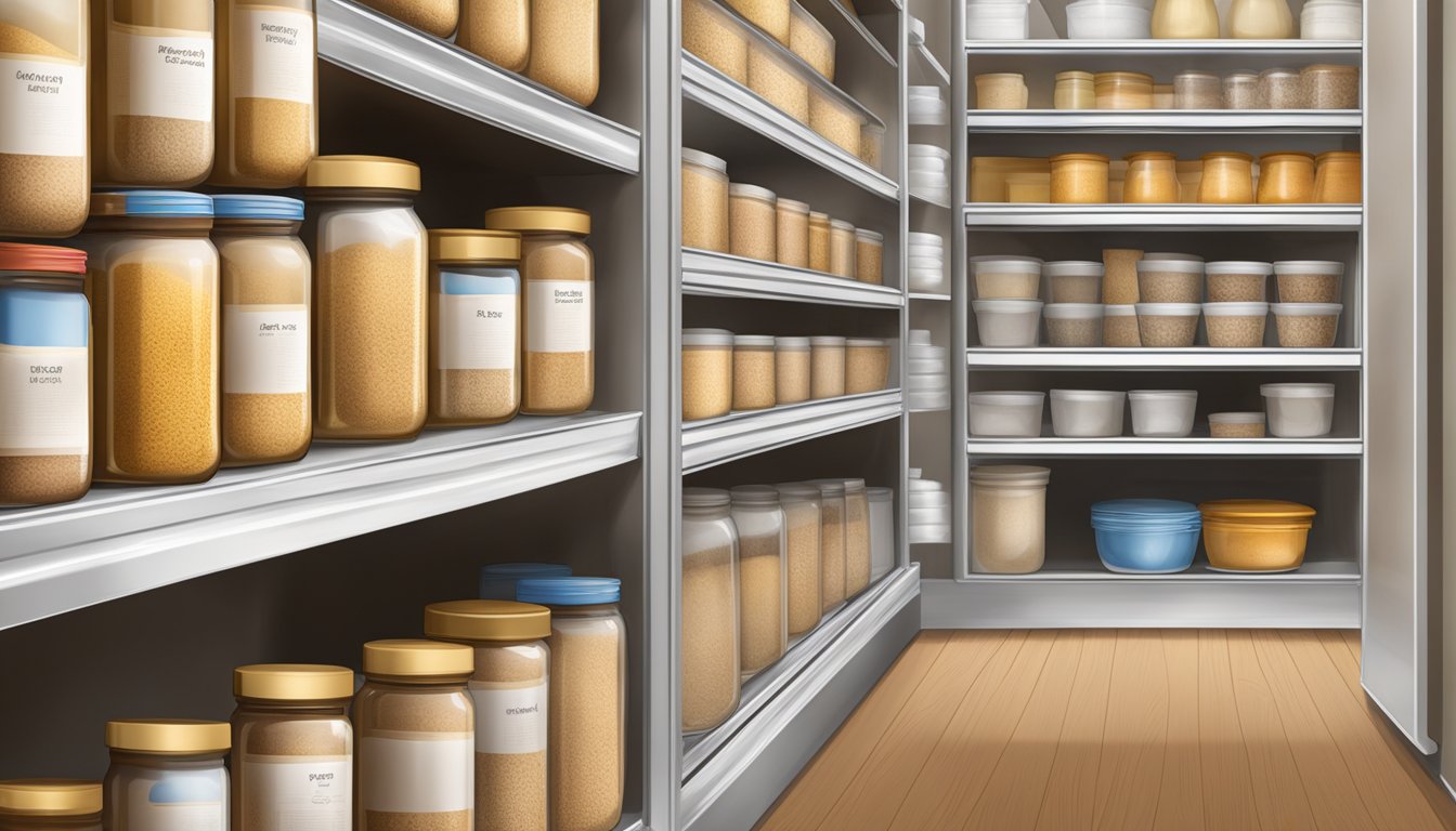 A pantry shelf with a tightly sealed container of active dry yeast, away from light and moisture