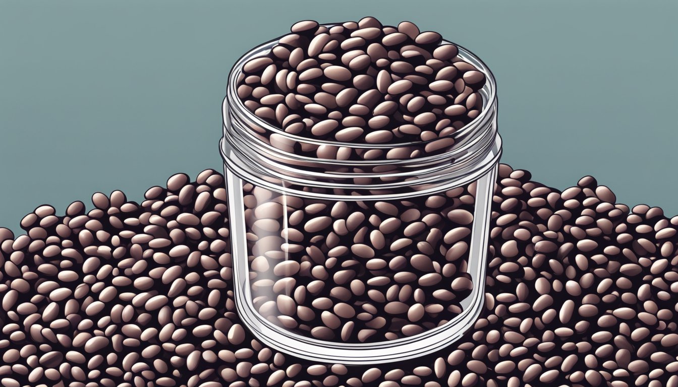 A pile of adzuki beans in a clear, airtight container with visible signs of mold and discoloration