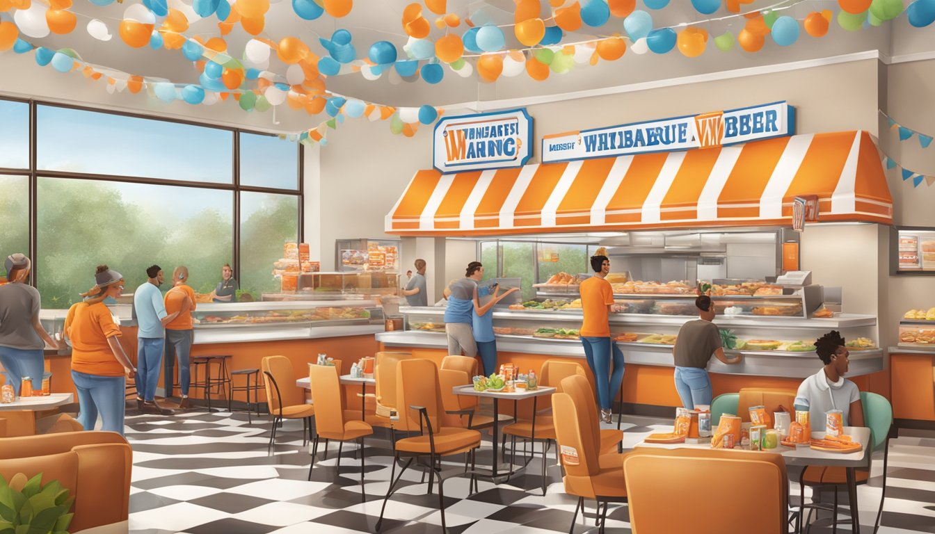 A bustling Whataburger restaurant adorned with festive decorations for a special event or annual celebration