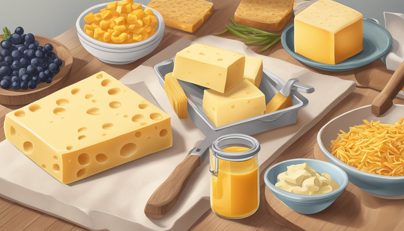 A block of American cheese sits on a kitchen counter, surrounded by various food items and cooking utensils