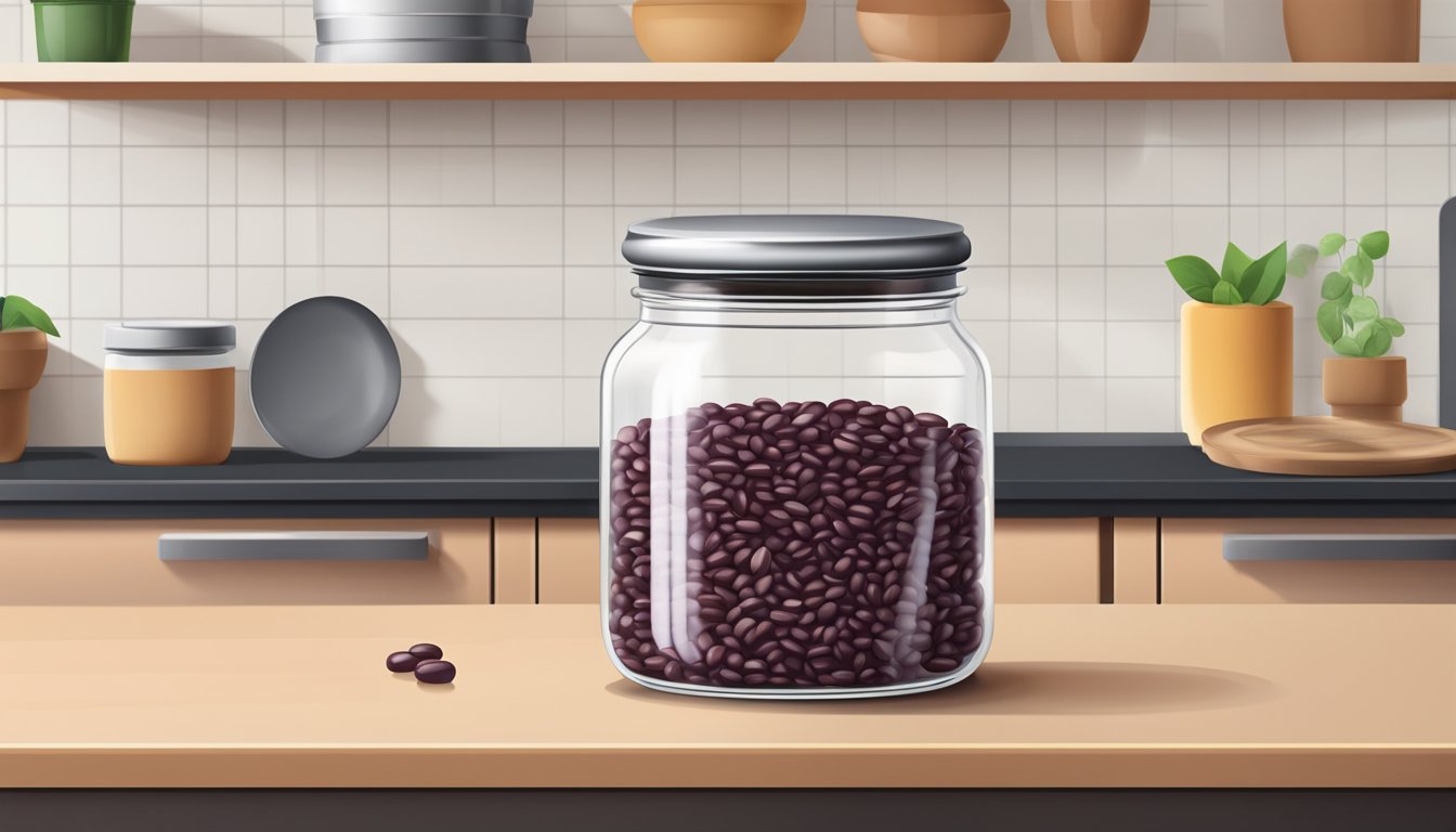 A clear glass jar filled with adzuki beans, sealed with a metal lid, sitting on a kitchen counter