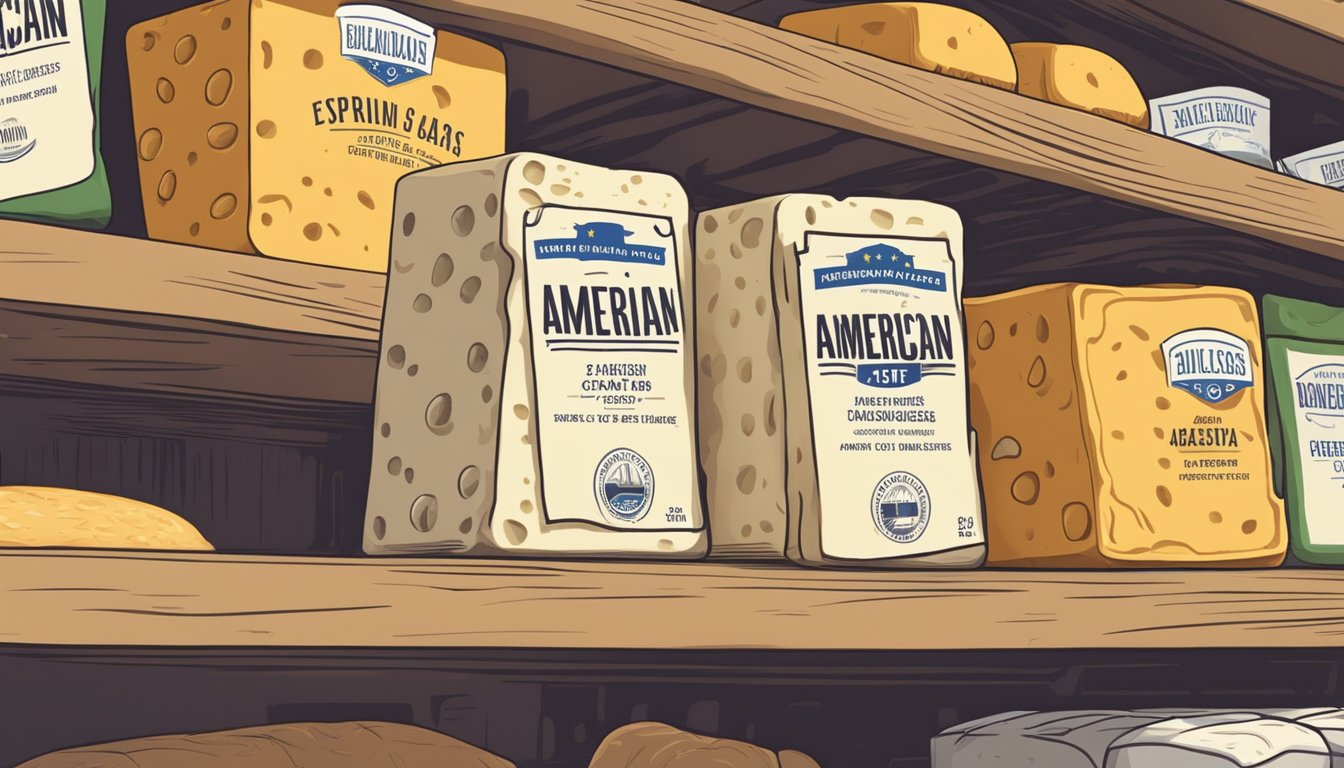 A block of American cheese sits on a shelf next to other cheeses, with expiration dates displayed