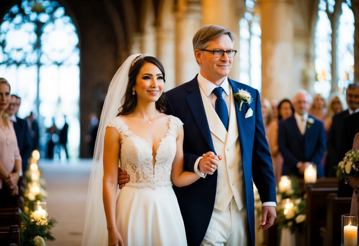 A figure stands beside the bride, symbolizing support and guidance, as she walks down the aisle