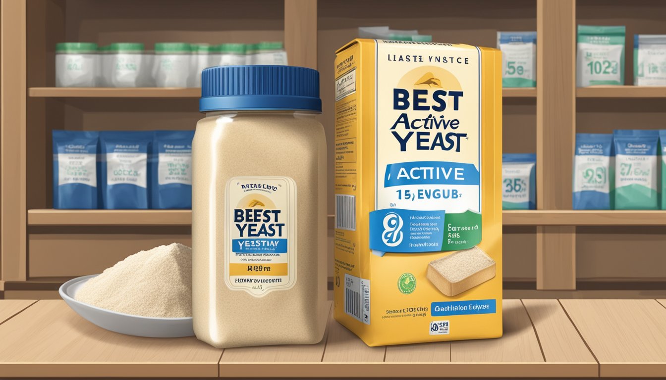 A sealed packet of active dry yeast on a shelf with a "best by" date clearly visible