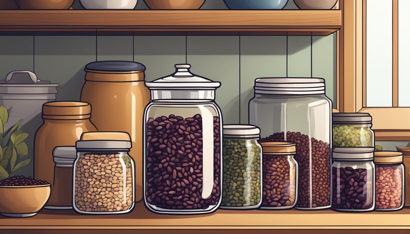 A jar of adzuki beans on a kitchen shelf, surrounded by other dry goods and cooking utensils