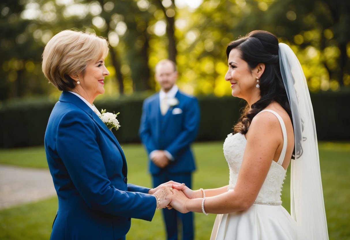 A woman stands beside the bride, symbolizing the role of giving her away in the absence of a father