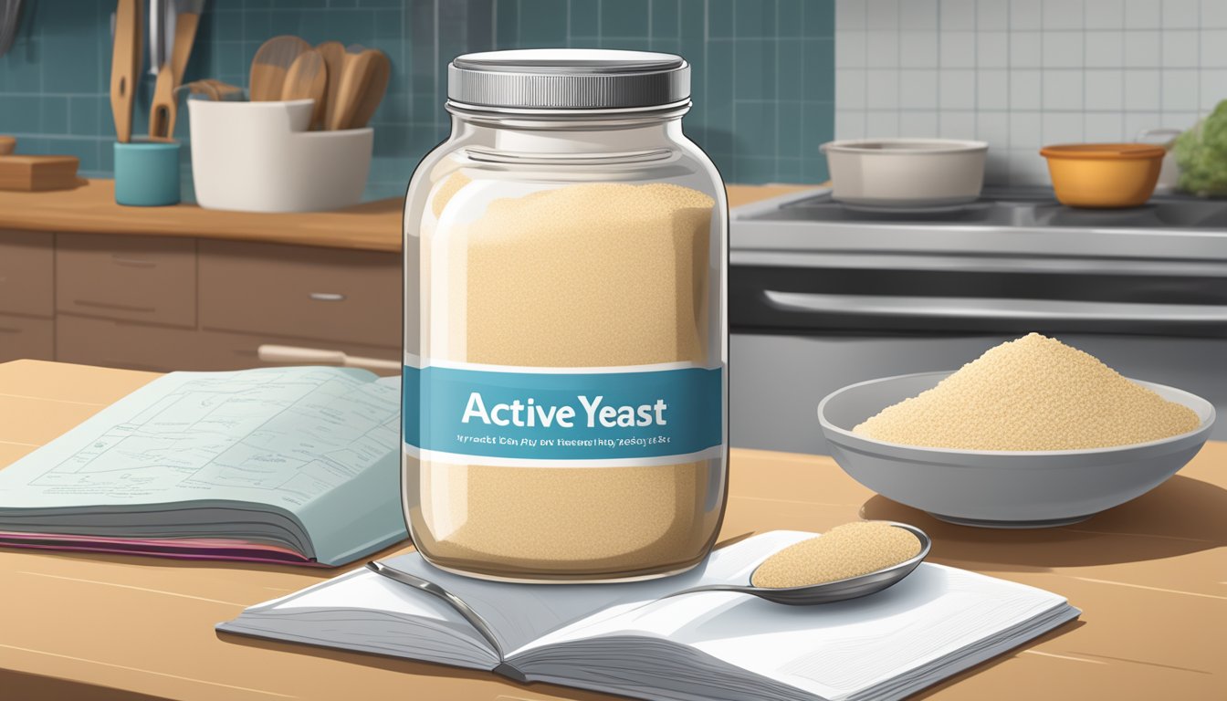 A jar of active dry yeast sits on a kitchen counter, next to a measuring spoon and a recipe book. The lid is open, and a small pile of yeast spills over onto the counter