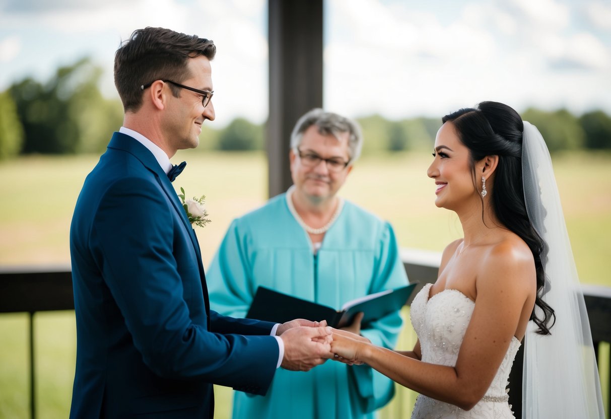 A non-traditional figure presents the bride to the groom in a modern, gender-neutral ceremony