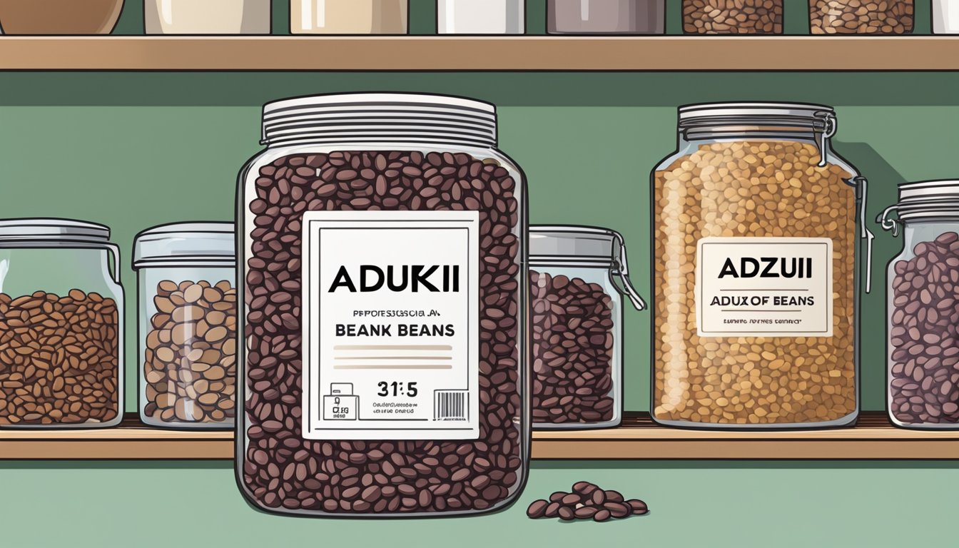 A jar of adzuki beans sits on a kitchen shelf, surrounded by other dried goods. The label on the jar indicates the date of purchase