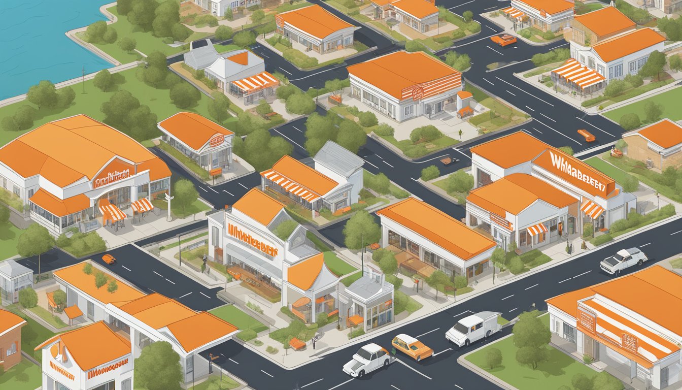 A bustling map of Whataburger locations across the United States, with iconic orange and white striped roofs standing out against various cityscapes