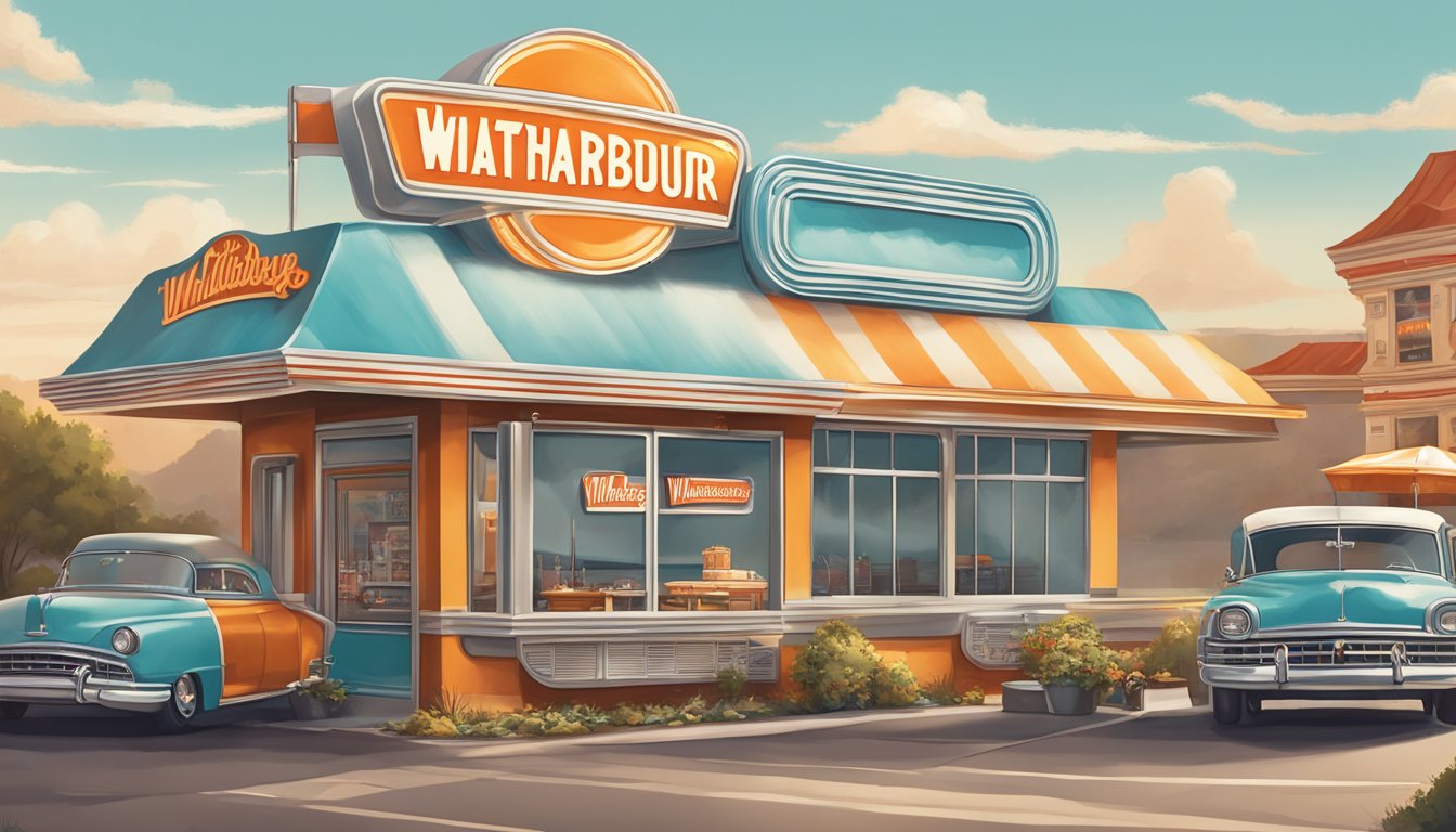 A vintage diner sign with the iconic Whataburger logo, surrounded by nostalgic memorabilia and a menu board displaying meal prices