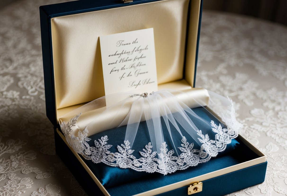 A delicate lace veil is carefully placed in a satin-lined box, adorned with a handwritten note from the mother of the groom
