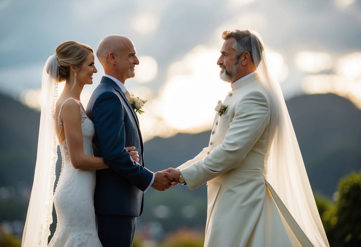 A figure stands beside the bride, symbolizing support and guidance in place of a traditional father figure