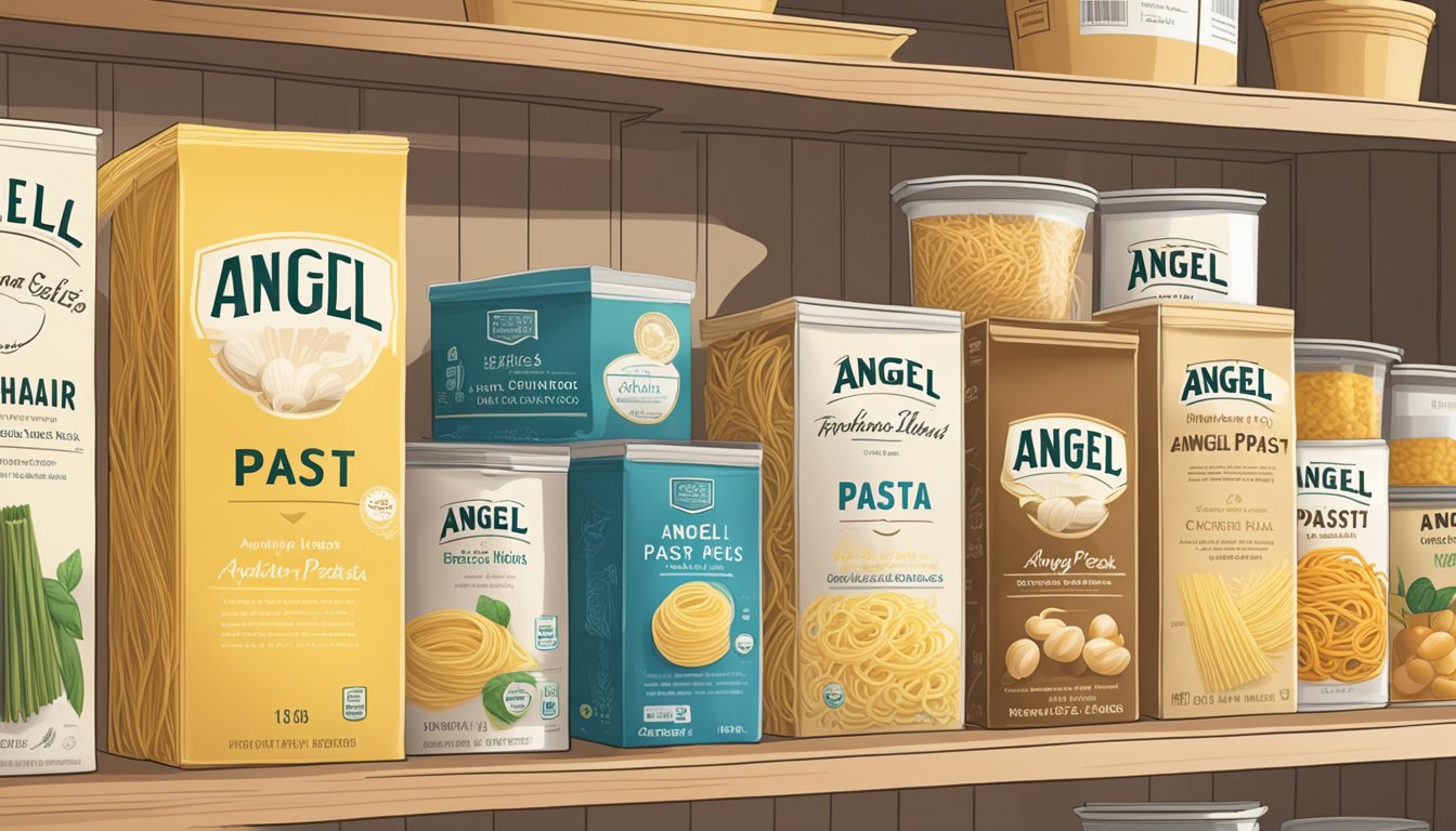 A package of angel hair pasta sits unopened on a kitchen shelf, surrounded by other pantry staples