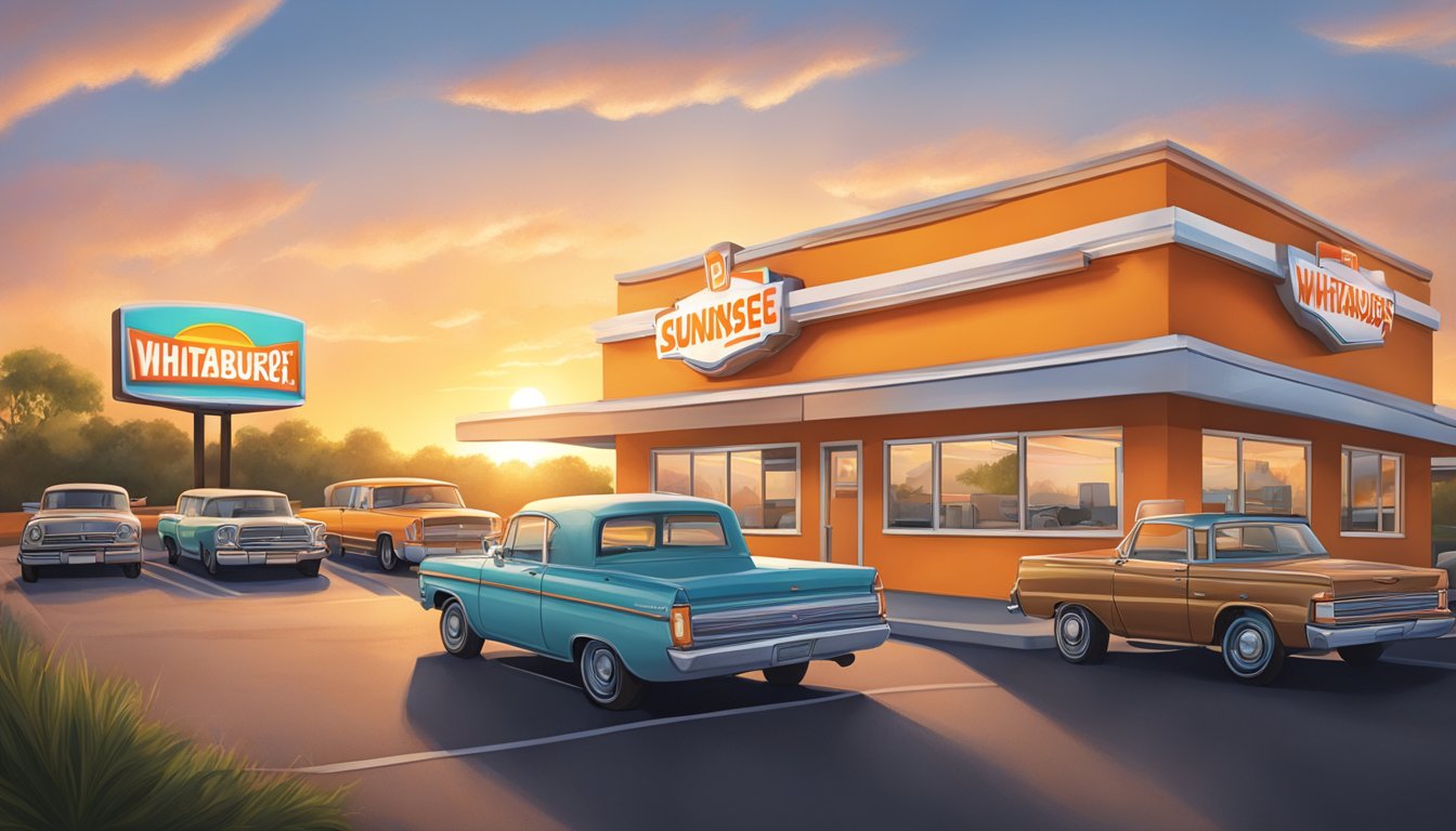 A sunrise over a Whataburger restaurant with a line of cars at the drive-thru and the smell of sizzling breakfast items in the air