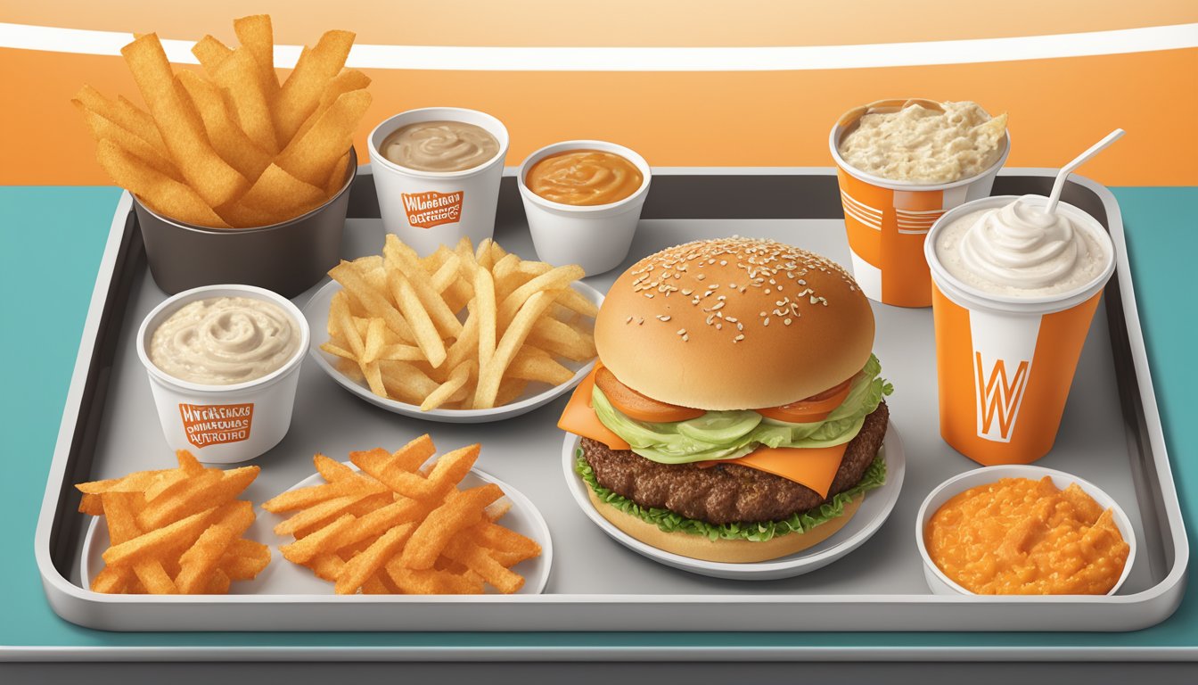 A Whataburger meal with sides and add-ons displayed on a tray