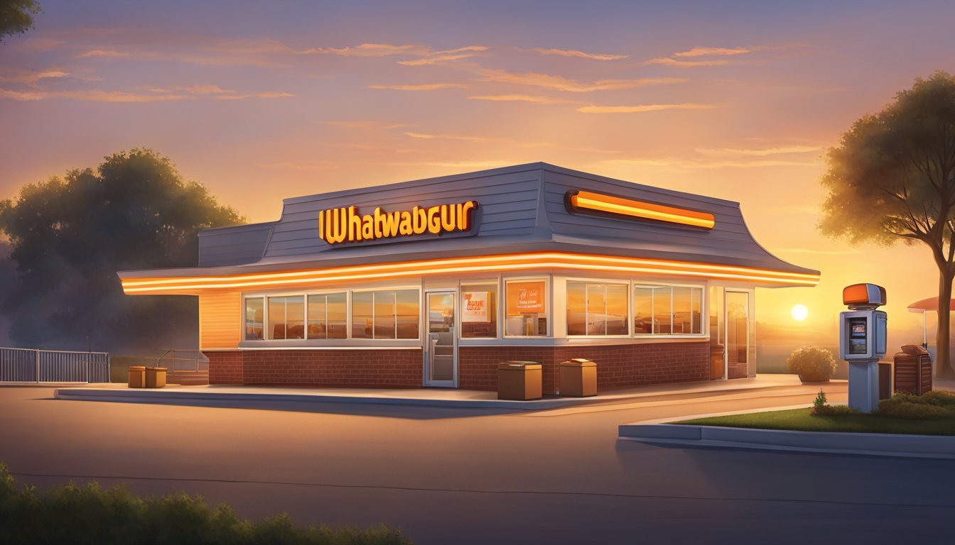 The sun rises over a Whataburger restaurant, as the breakfast menu is displayed on the illuminated sign. The drive-thru lane is empty, but the smell of sizzling bacon and fresh coffee wafts through the air