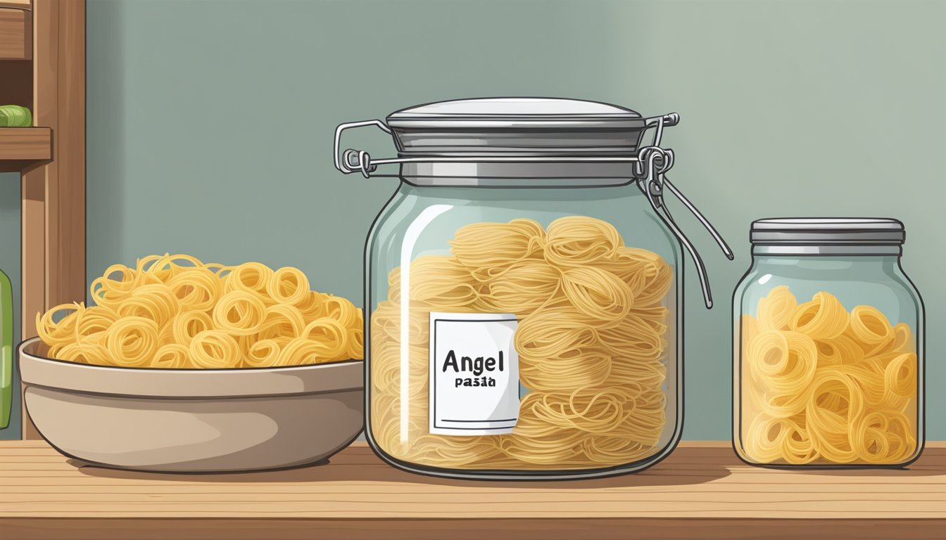 A clear glass jar filled with angel hair pasta sits on a wooden shelf next to other pantry items. The pasta is dry and uncooked, with a label indicating the expiration date