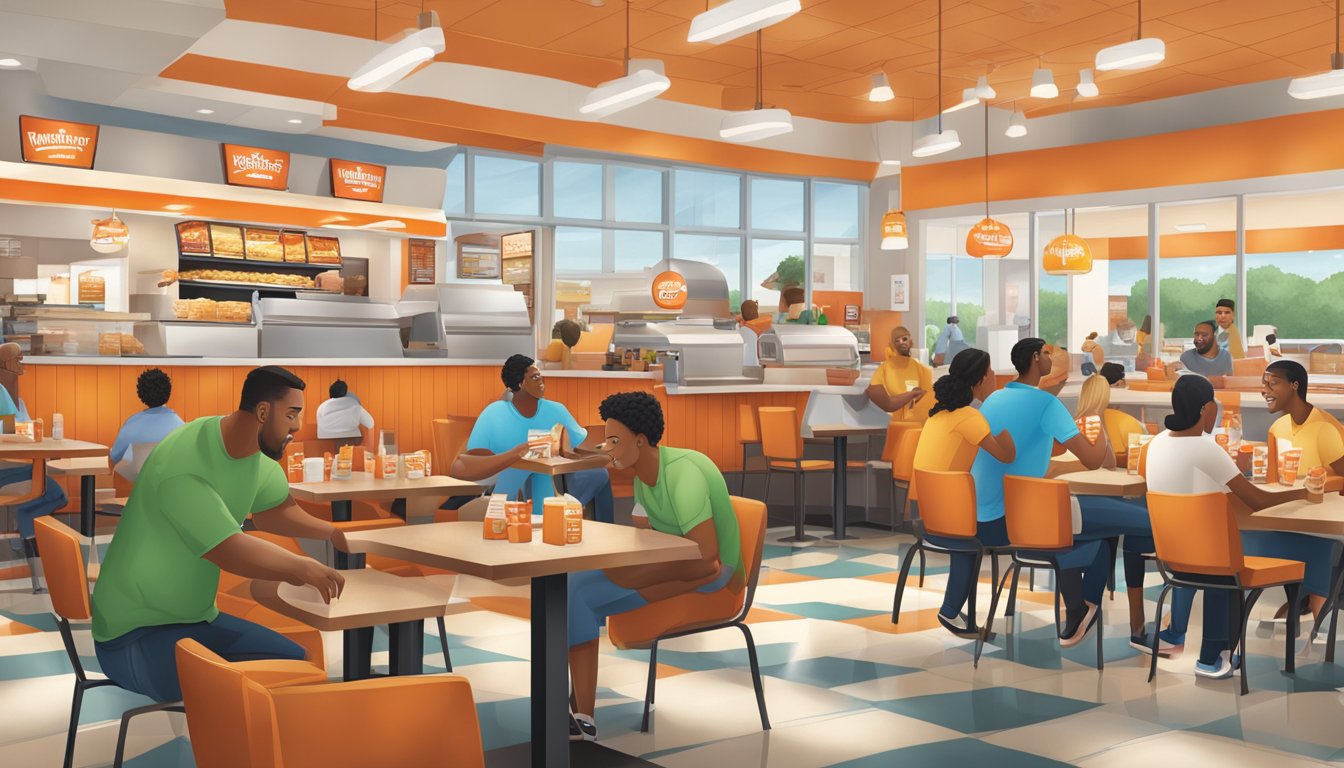 A bustling Whataburger location, with customers enjoying their meals and engaging in lively conversations. The community atmosphere is evident as people gather and interact within the restaurant