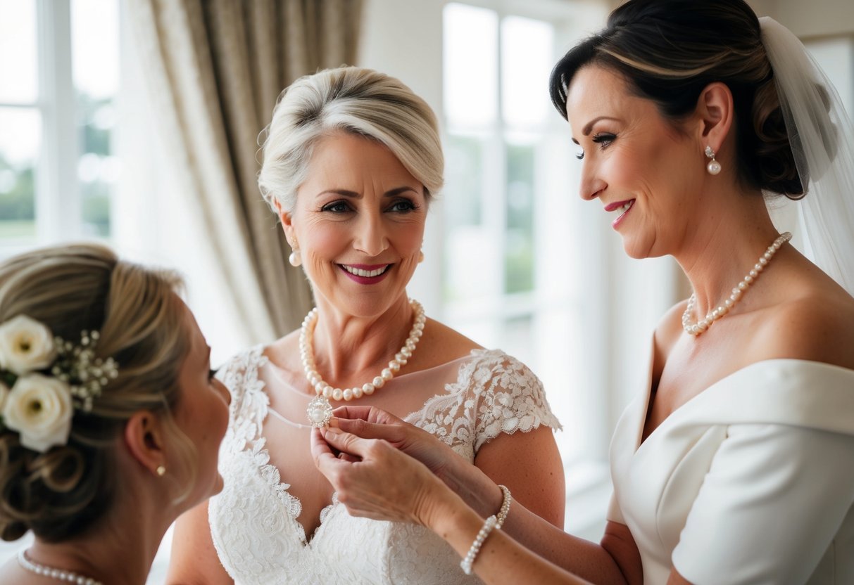 The mother of the groom presents the bride with a delicate pearl necklace, symbolizing love and unity