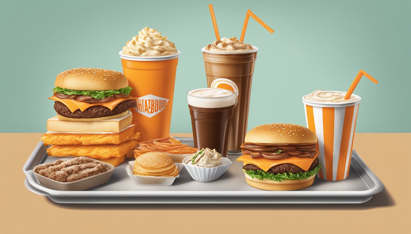 A Whataburger meal with beverages and desserts displayed on a tray