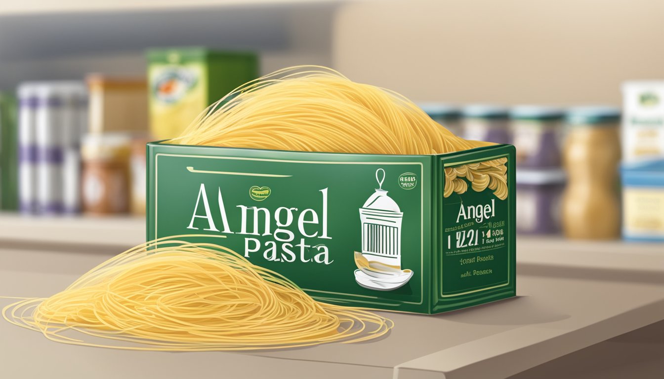 A sealed package of angel hair pasta on a pantry shelf, with a visible expiration date