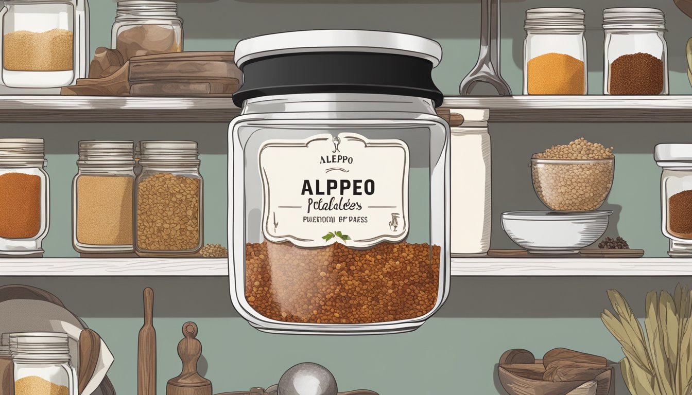 A jar of Aleppo pepper flakes sits on a kitchen shelf, surrounded by other spices and ingredients. The label on the jar indicates the date of purchase