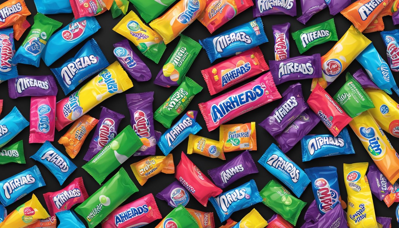 A pack of Airheads candy with various flavors and sizes, some partially unwrapped