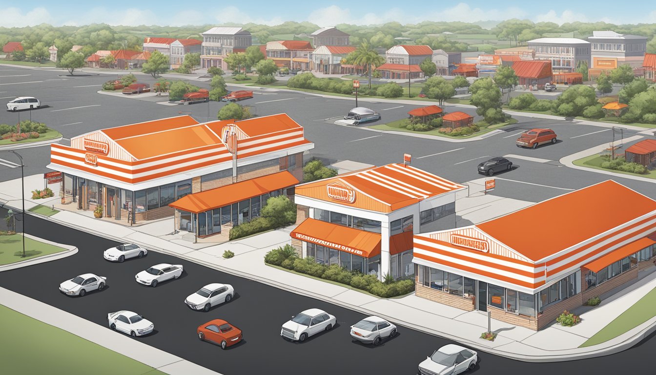 A row of WhatABurger locations lined up, each with its distinctive red and white striped roof, surrounded by a mix of urban and suburban landscapes