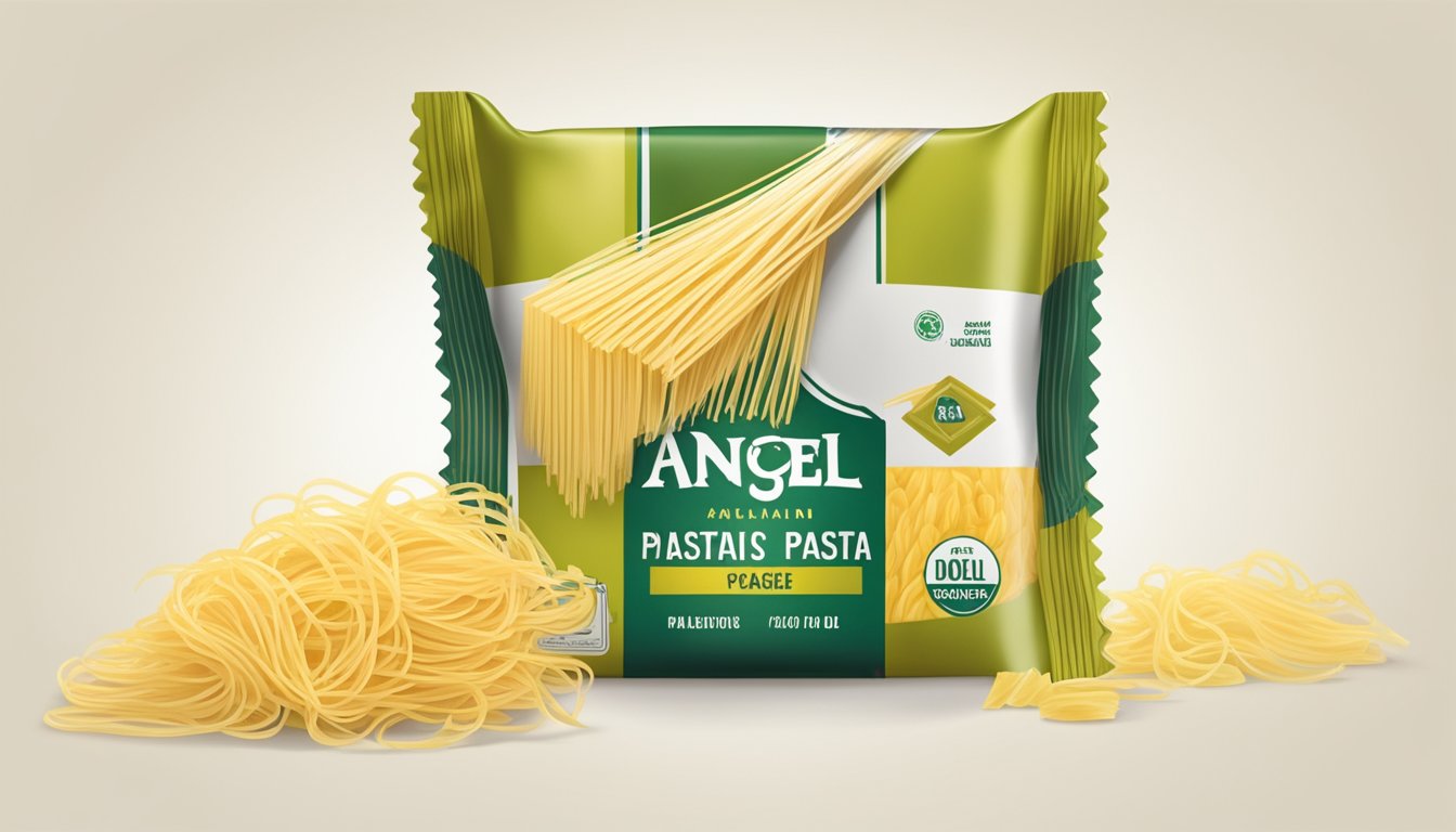 A package of angel hair pasta sitting on a kitchen counter, with a visible expiration date and possibly signs of spoilage such as discoloration or a foul smell