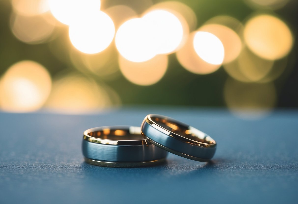 A pair of wedding rings sit side by side on a table, one slightly overlapping the other