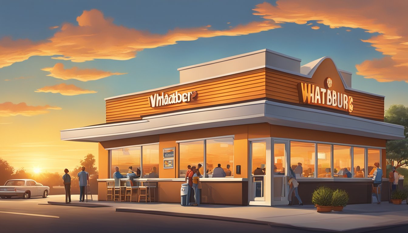 The sun rises over a Whataburger restaurant, with a line of early risers eagerly waiting for breakfast. A warm glow emanates from the building, inviting customers inside