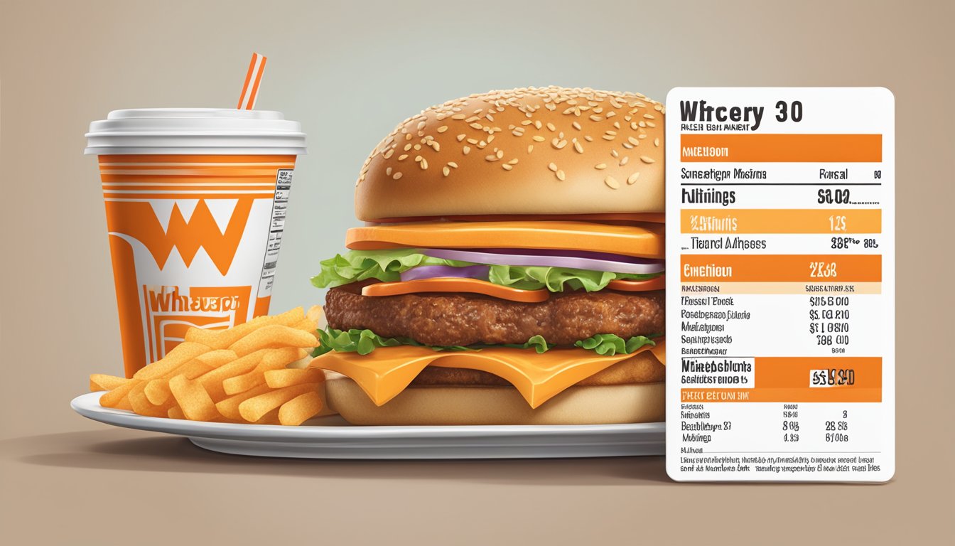 A table with a Whataburger meal, a nutrition label, and allergen information displayed next to the price