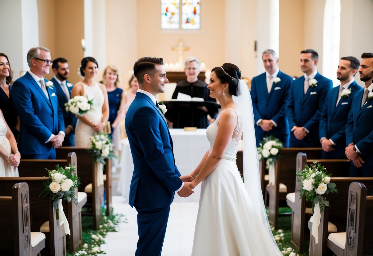 A bride and groom stand facing each other at the altar, surrounded by family and friends. The officiant asks, "Who says 'I do' first?"