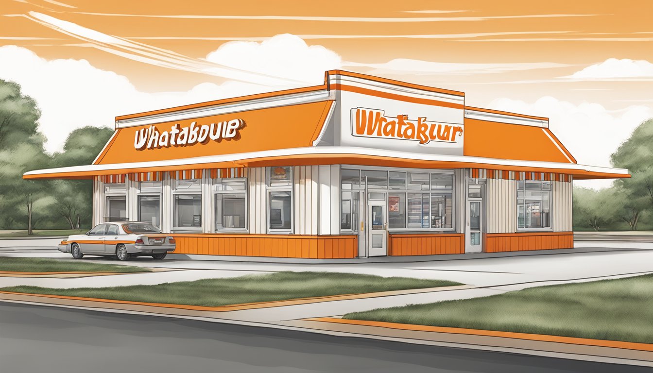 A Whataburger restaurant and grocery store location with the iconic orange and white striped building and the recognizable Whataburger logo displayed prominently