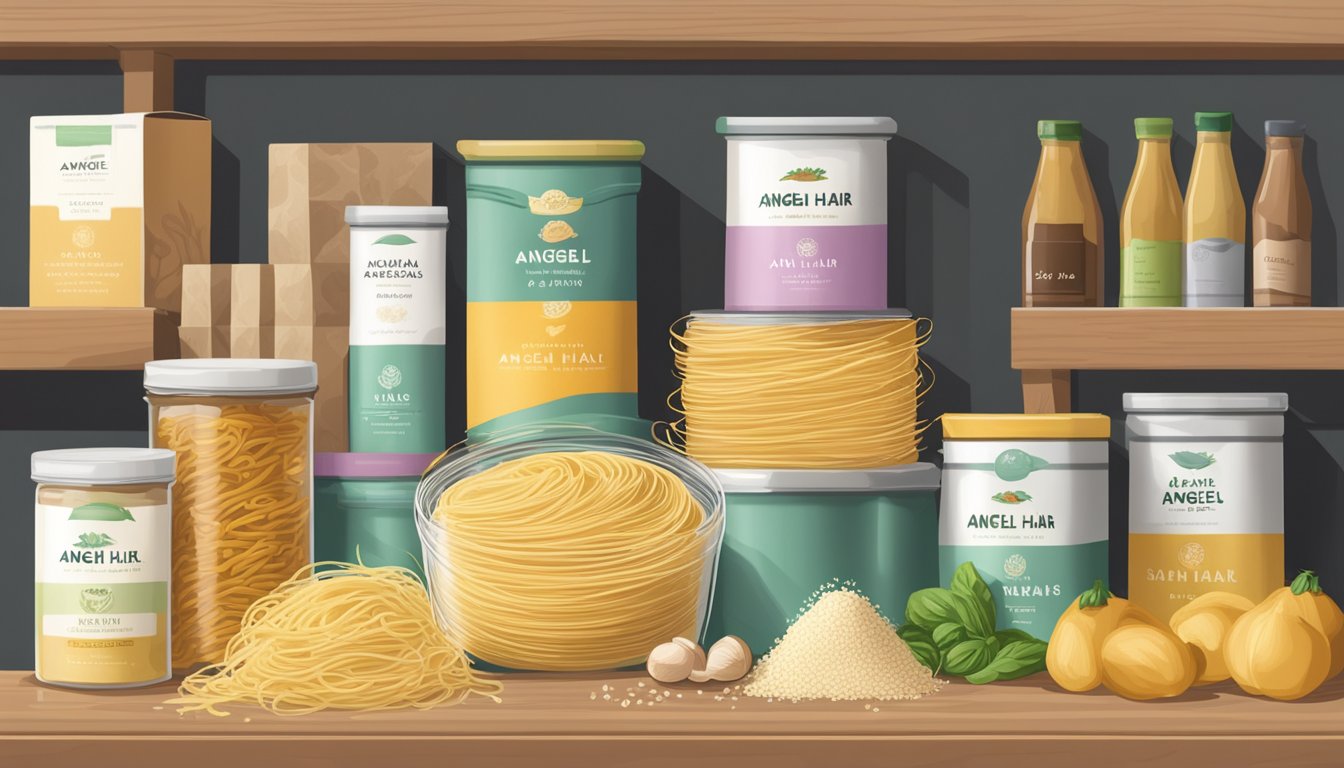 A package of angel hair pasta sits on a well-stocked kitchen shelf, surrounded by other dry goods and cooking ingredients