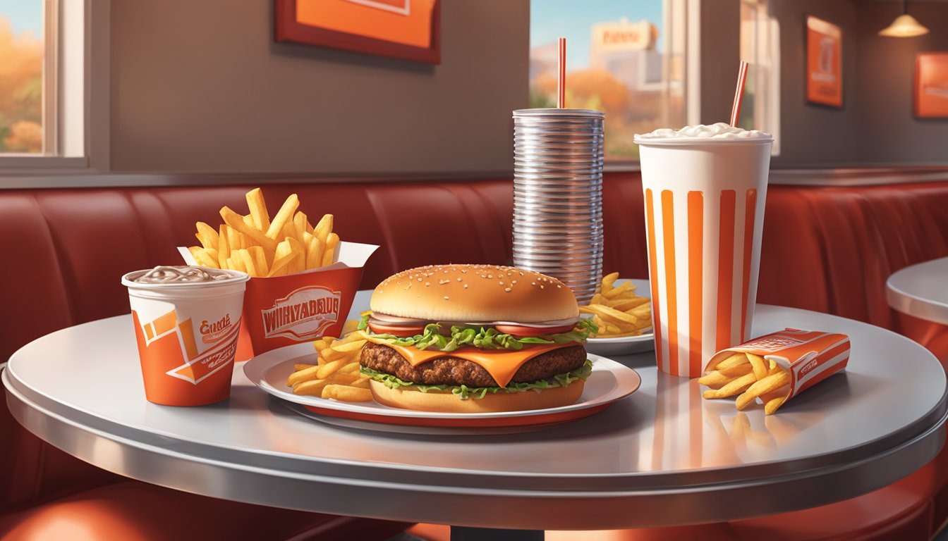 A classic Whataburger meal sits on a red tray with a soda and fries, surrounded by a warm and inviting dining area