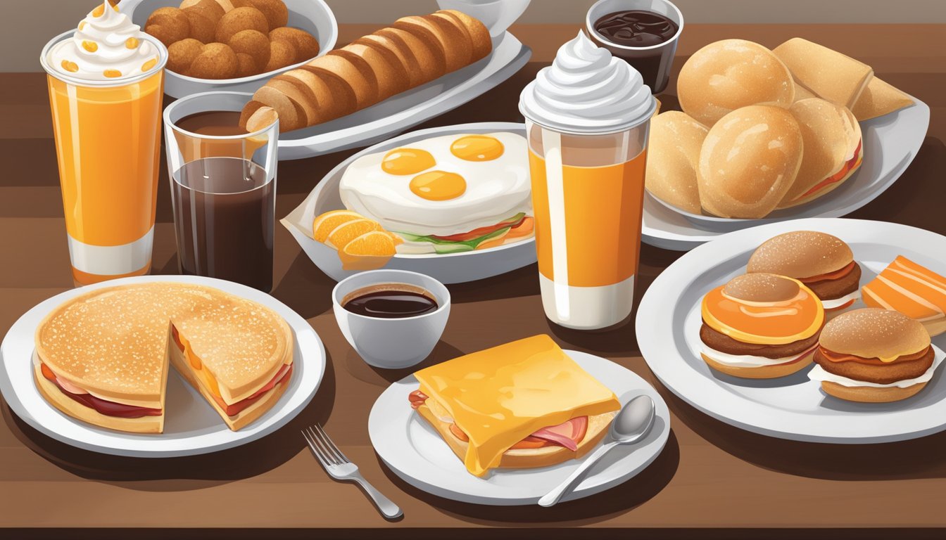 A table set with a variety of breakfast beverages, including coffee, juice, and milk, alongside a spread of Whataburger breakfast items