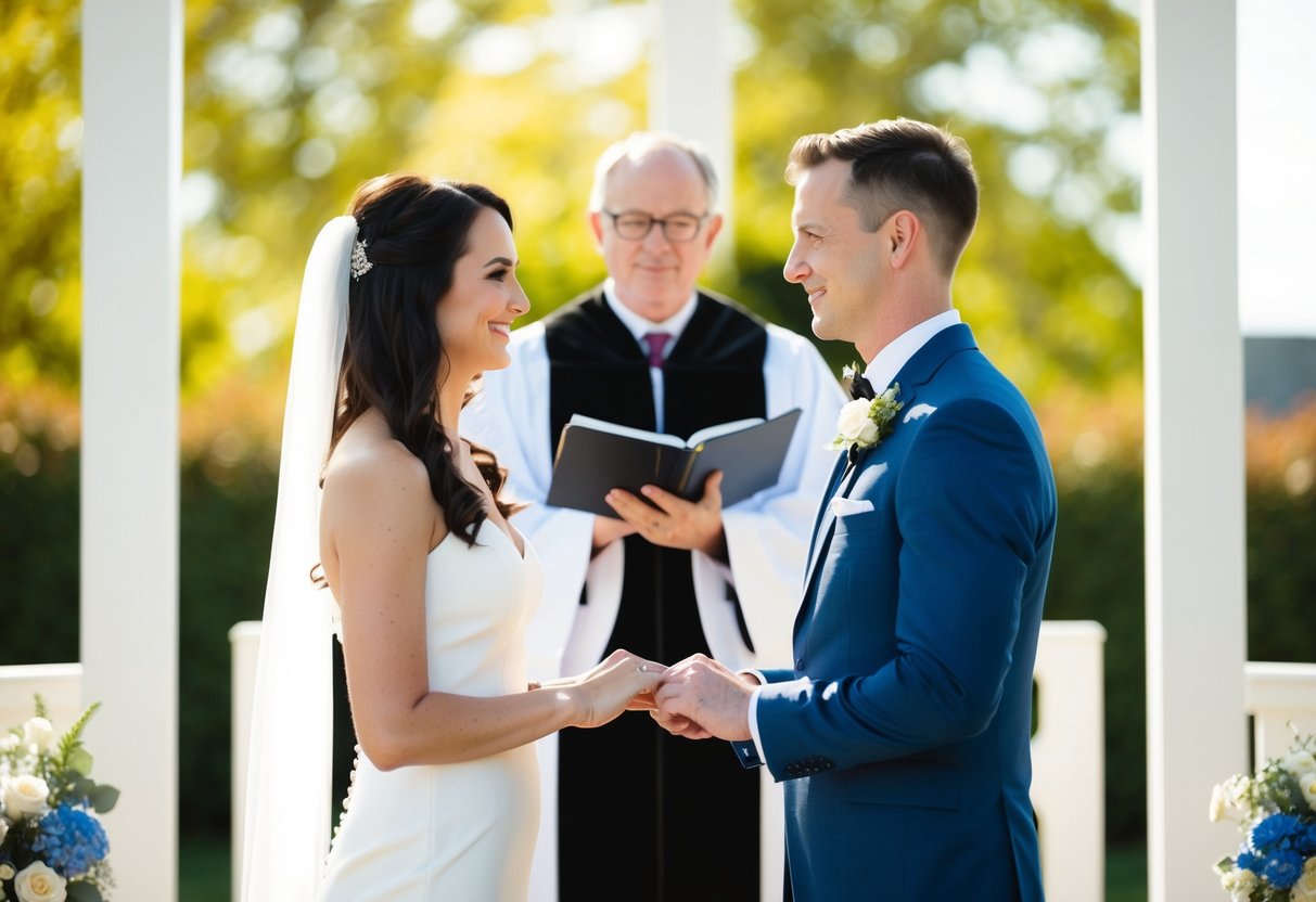 A couple standing at an altar, facing each other with a minister in between, exchanging vows with rings on a sunny day