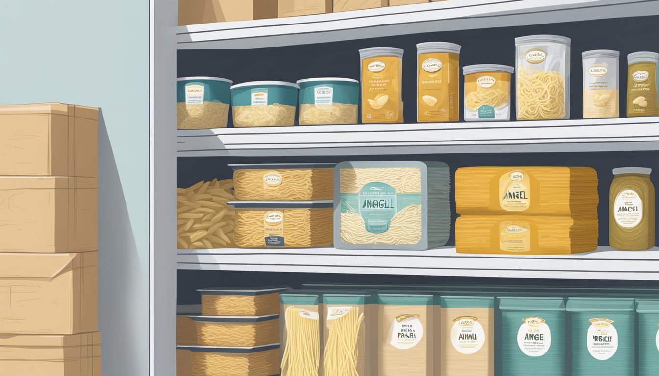 A package of angel hair pasta sits on a pantry shelf, surrounded by other dry goods